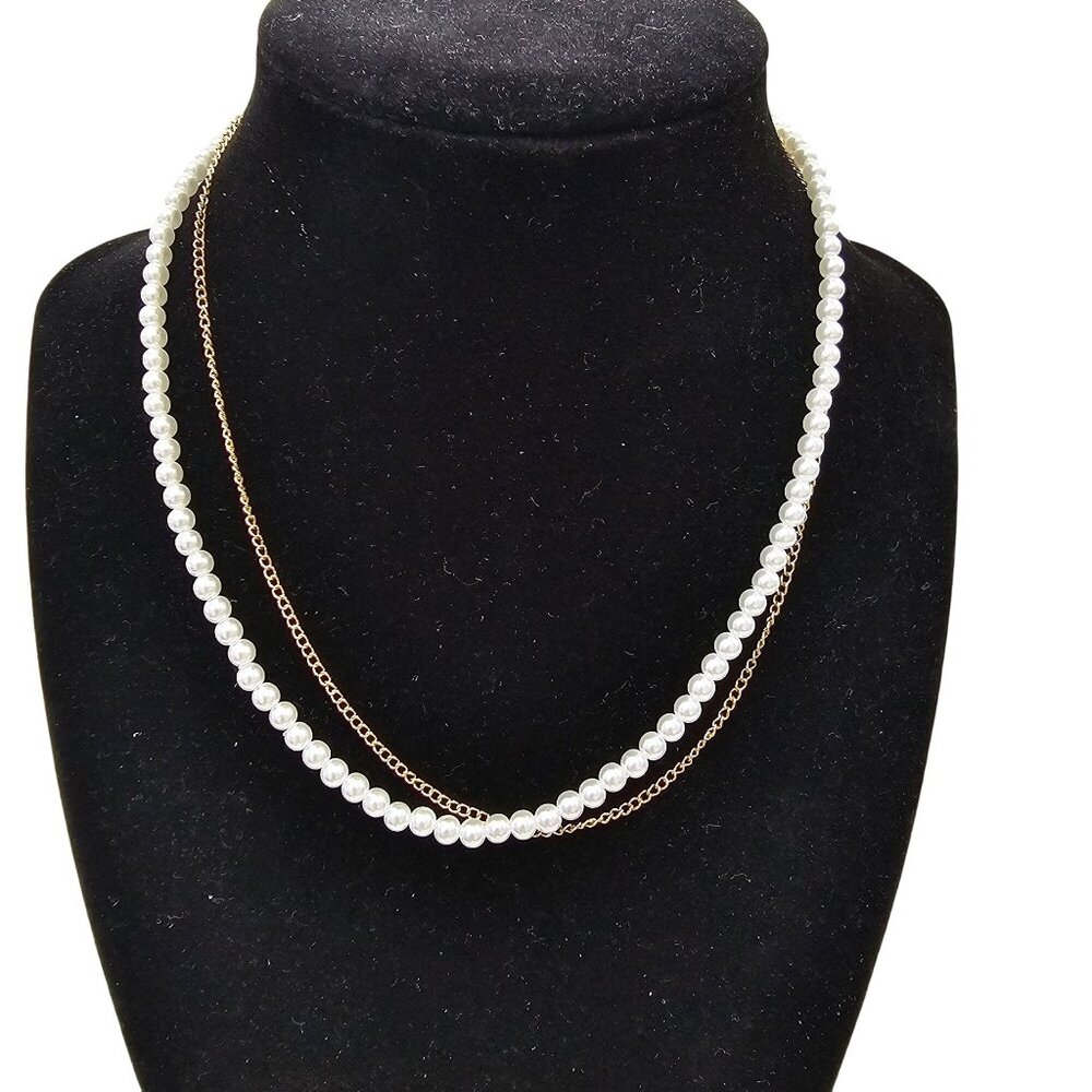 Double-Strand Pearl‎ Chain Collar Necklace & Dainty Gold Chain 15"+3"